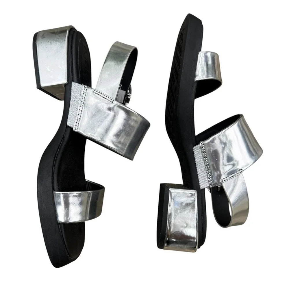 Aerosoles Dove Sandals 8.5M Silver Metallic Mirror Block Heel Buckle Comfort